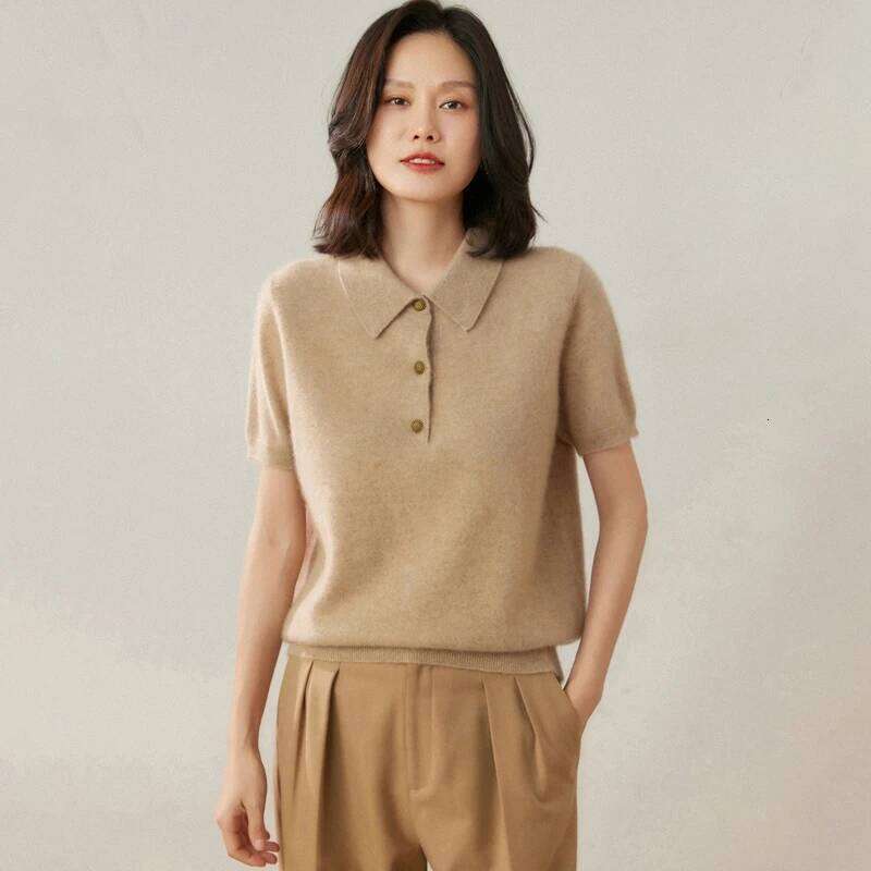 100% pure cashmere pullover short sleeved autumn/winter new women's T-shirt casual solid color knitted sweater POLO collar Tops 26W0224