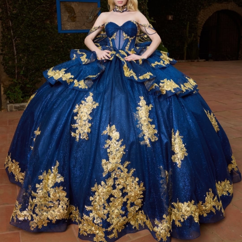 Navy Blue Shiny Quinceanera Dresses Ball Gown Off The Shoulder Gold Applique Lace Beading Crystal Bow Tull Party Birthday Sweet 16 Dress Vestidos 15 D