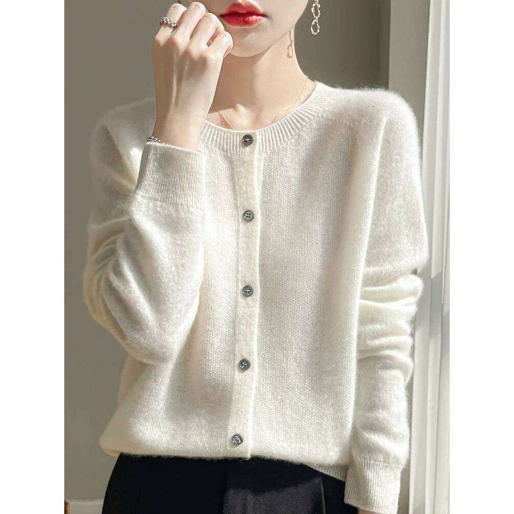 Women 100% Merino Wool Cardigan Soft O-Neck Cashmere Sweater OL Buttoned Knitwear Casual Top Clothing Korean Style 26L0224