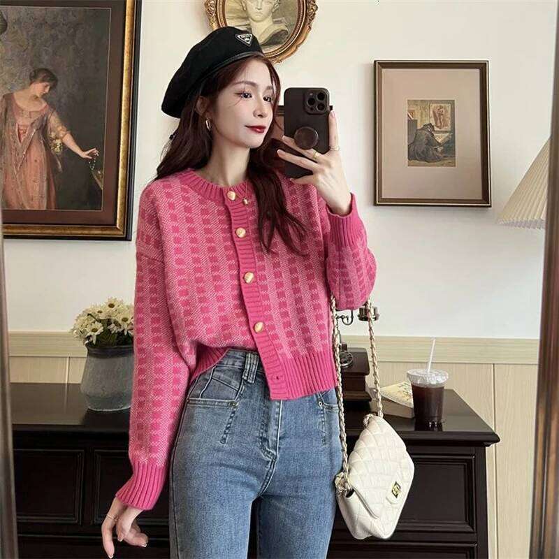 Y2k Pink Women Cardigan Korean Sweet Plaid Long Sleeve Female Sweaters Harajuku New O Neck Preppy Style Ladies Tops 26L0224
