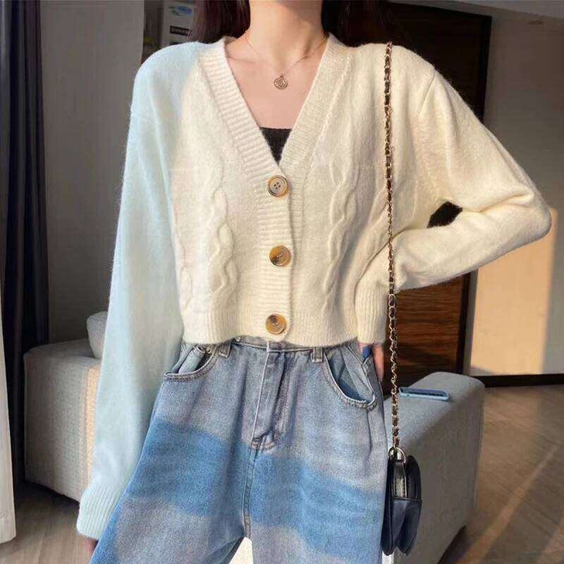 V Neck Cropped Women Long Sleeve Twist Knitted Sweater Coats Autumn Winter Keep Warm Korean Fashion Jacket Cardigan 26L0224