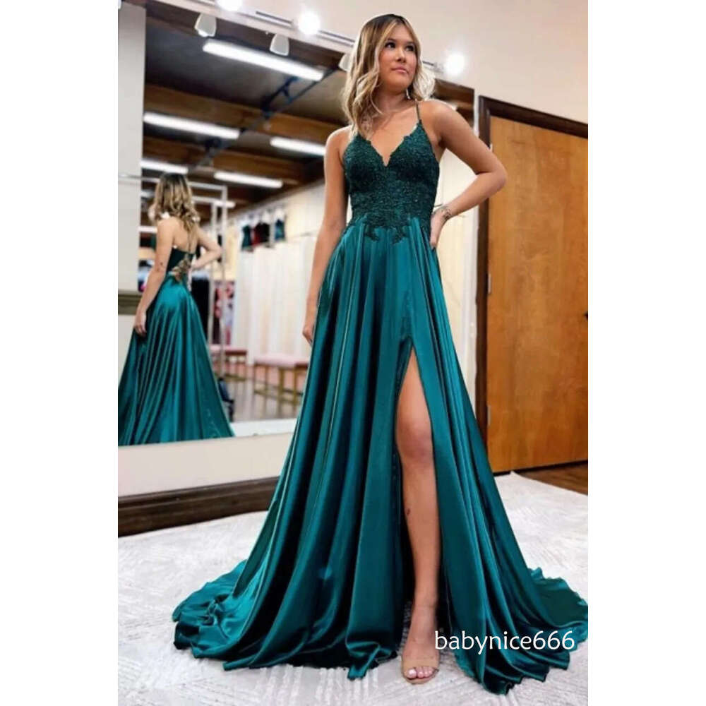 Sexy Backless Turquoise Royal Blue A Line Prom Dresses Spaghetti Straps Appliques Satin Long Evening Gowns With Front Split BC14978
