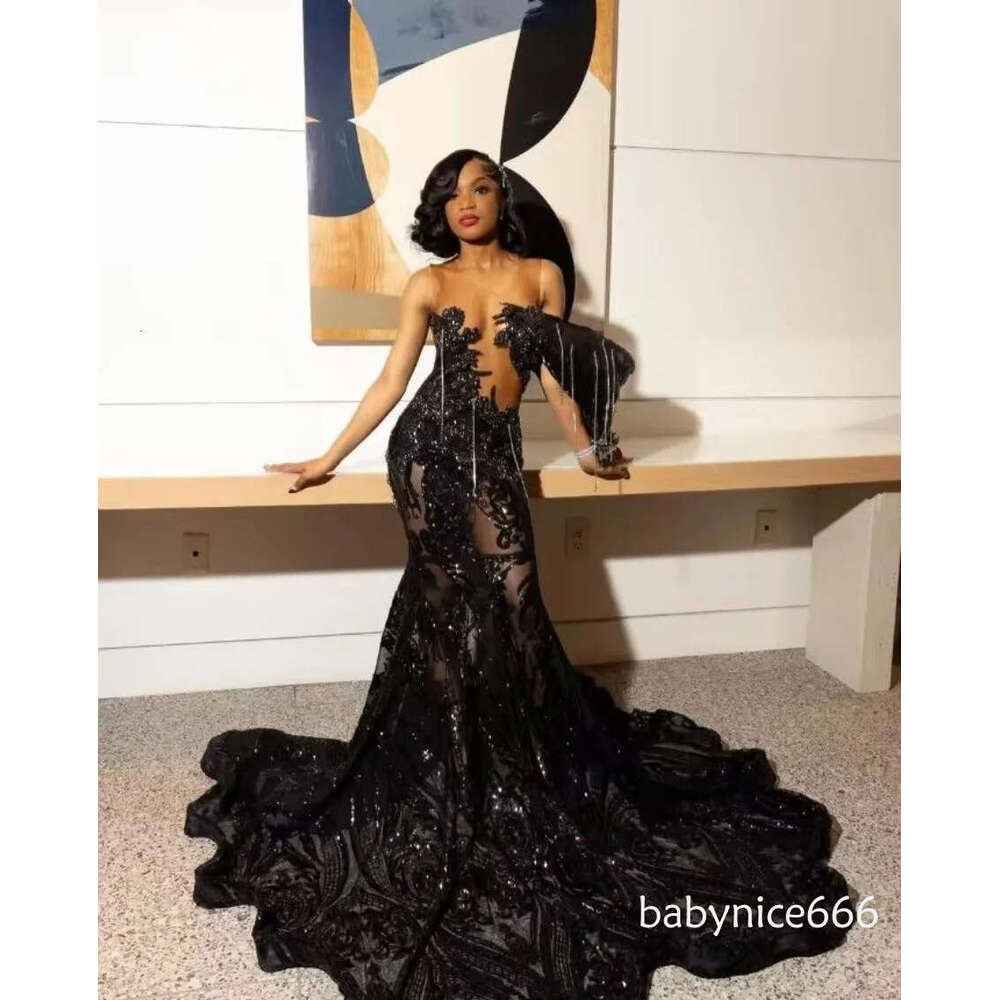 Elegant Mermaid Dresses For Black Girls 2026 New Sexy Sheer Jewel Neck Glitter Beads Sequins for Prom Gala Evening Gowns D31