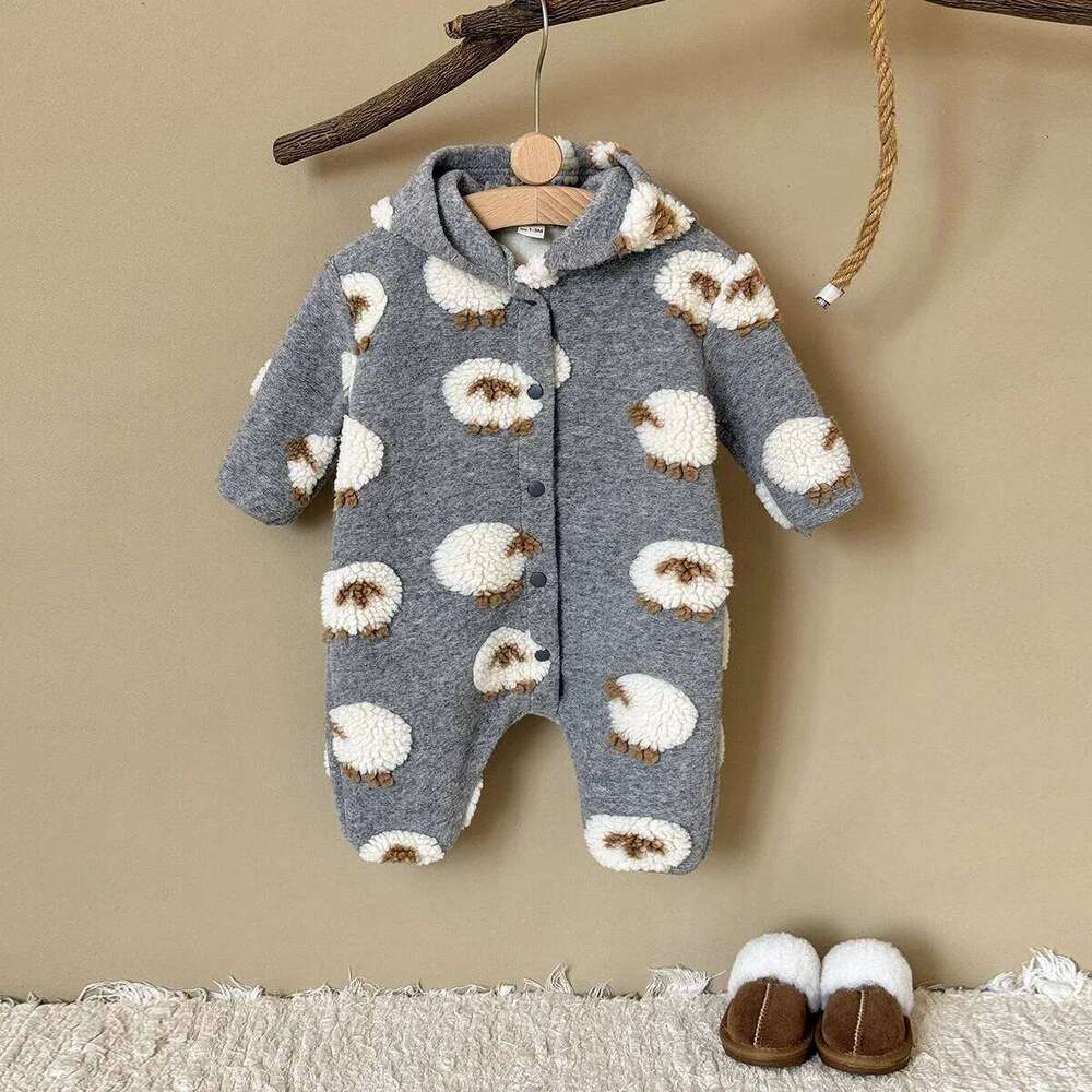 Plush Fashion Lamb Embroidered Jumpsuit Winter New Girls Boys Baby Long Sleeved Crawling Suit Thickened 26Y0224