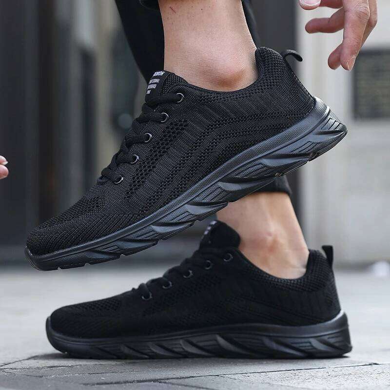 New Fashion Men's Sneakers Mesh Upper Lightweight Non-Slip Soft Sole Comfortable Walking Running Shoes Outdoor Daily Gym Black