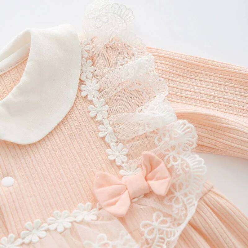 2Piece Sets Spring Autumn Newborn Girls Clothes Korean Cute Lace Bow Princess Peter Pan Collar Jumpsuits+Hat Baby Stuff B174 26H0224