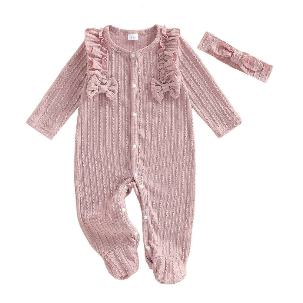 Baby Girl Footed Romper Duck Solid Color Ruffled Long Sleeve Round Neck Jumpsuit with Bow Headband 26H0224