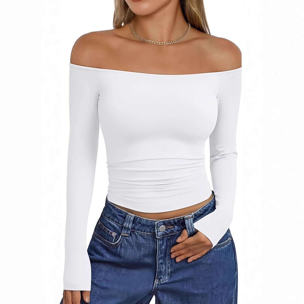 2026 European American cross-border new fashionable and sexy off-shoulder long-sleeve slim-fit T-shirt, versatile women's clothing