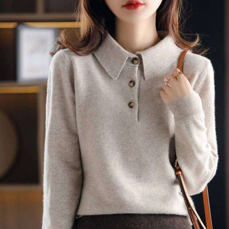 POLO Collar Sweater Solid Color Pullover Base Shirt for Women New Style 26W0224