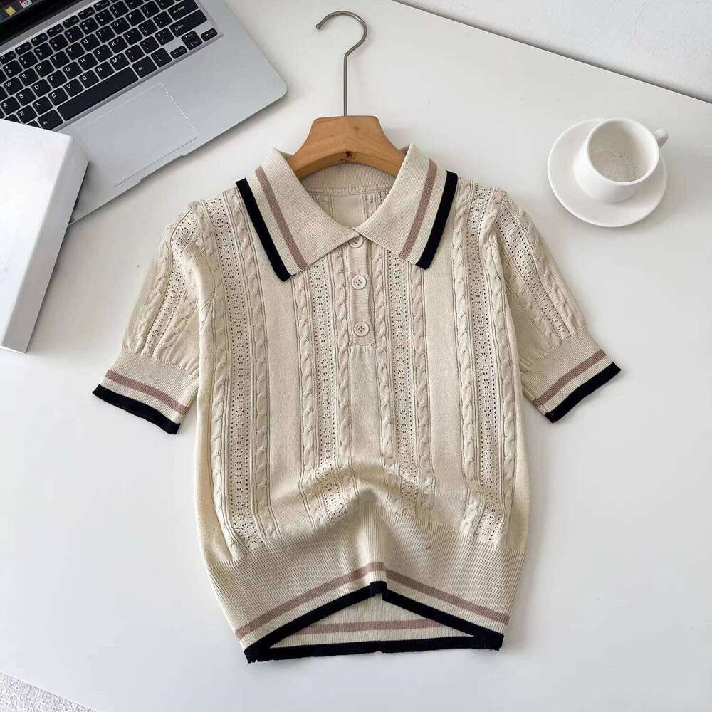 REALEFT Summer 2026 New Vintage Knitted Women's Polo Shirts Short Sleeve Bottom Hollow Out Buttons Knitwear Tops Tee Female 26W0224