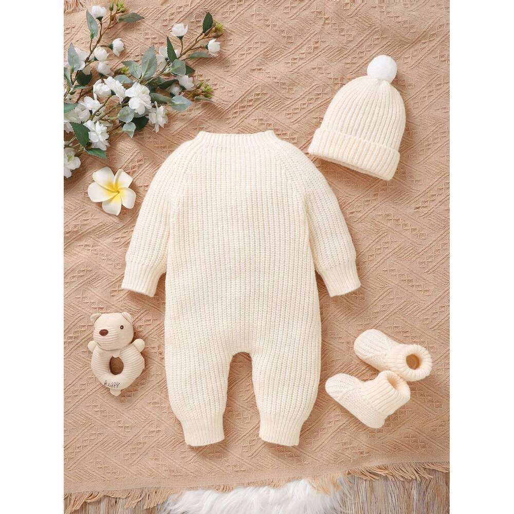 Winter Baby Clothes Beige Long Sleeve Knitted Rompers+Hats+Shoes 3pcs for Newborn Boys Girls Outwear Outfits Sets 0-9M 26H0224