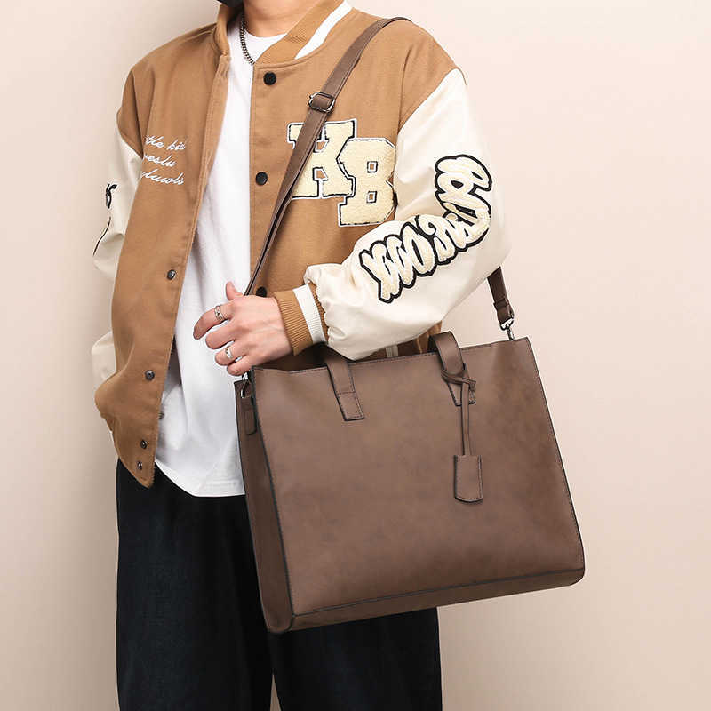 Men's Brushed Vintage Large Capacity Tote Bag Korean Style Men's Horizontal Shoulder Bag Document Bag Casual Business Briefcase