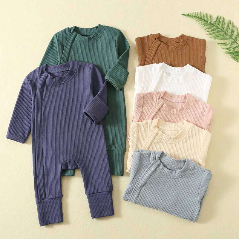 Somenie Unisex Baby Long-Sleeve with Zipper Boys Girls Solid Color Ribbed Onesie for All-Season Use Soft & Comfortable 26Y0224