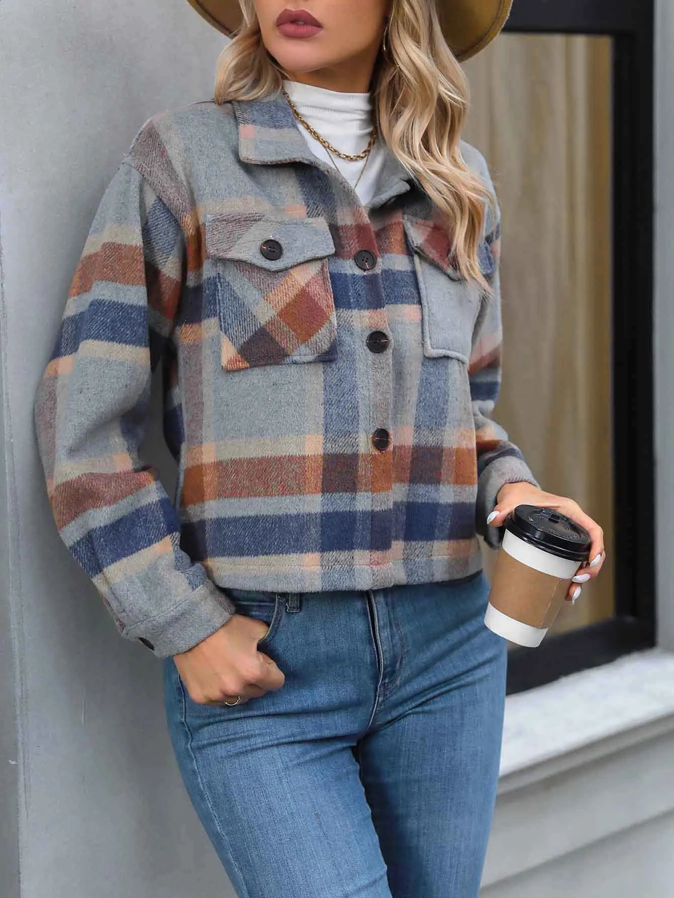 European and American CrossBorder Winter Product Lapel Flap Pocket Pants Fashion Casual Short Womens Plaid Jacket 260126