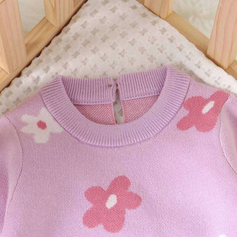 Purple Baby Girls Rompers Floral Knit Newborn Crew Neck Long Sleeve Jumpsuits Infant & Toddler Playsuits 0-18m Clothes 26H0224