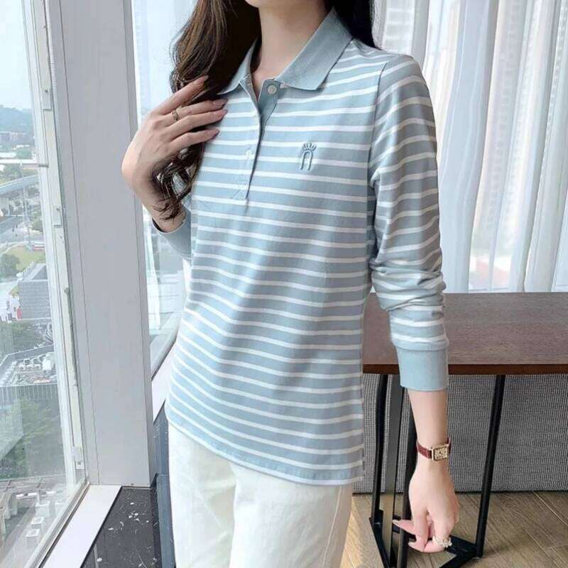Womens Striped Polo Shirt 100% Cotton Long Sleeve Slim Fit Lightweight Top Autumn Elegant Collar Casual Versatile New Arrival 26W0224