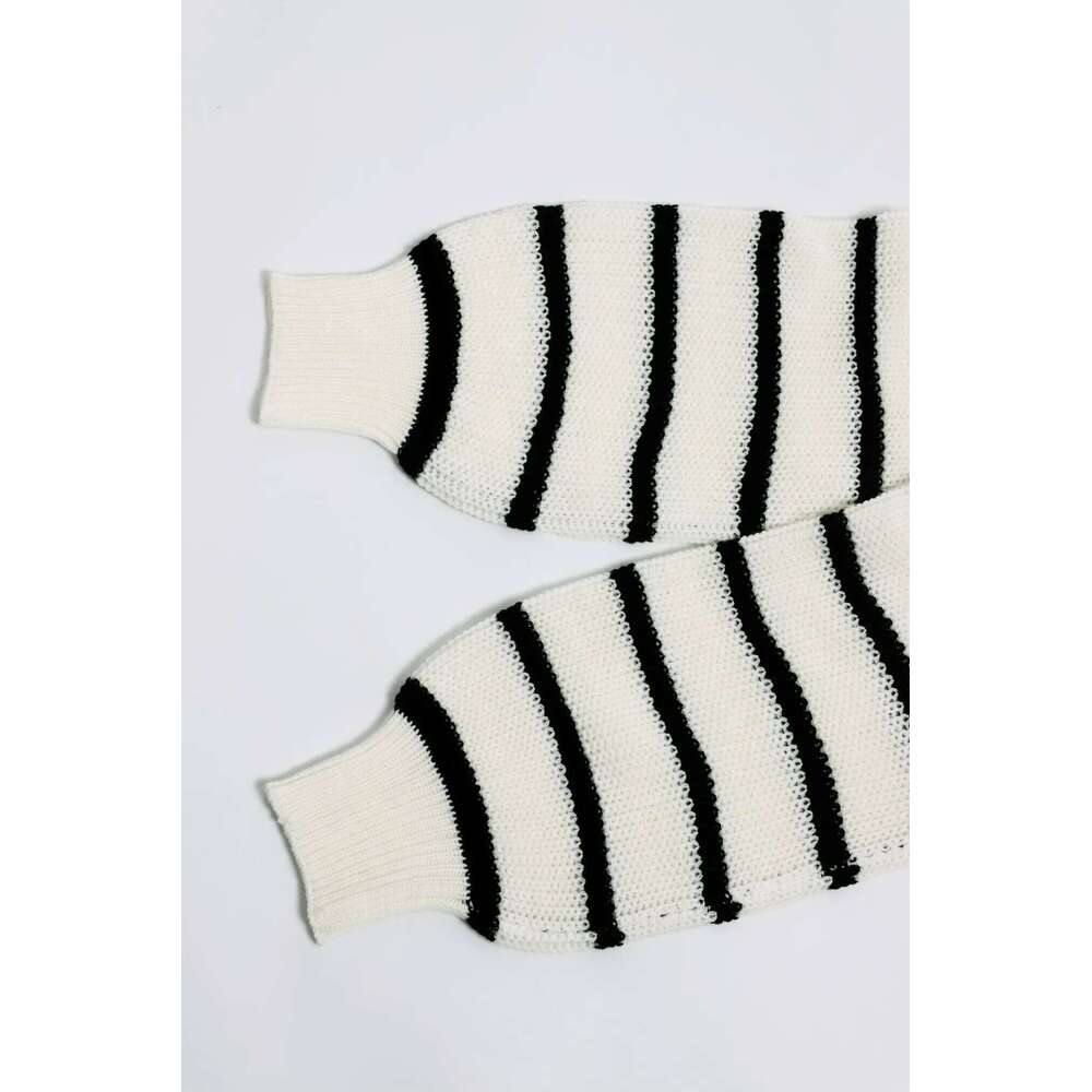 Women's White & Black Striped Knit Sweater Oversized Crew Neck Pullover with Shoulder Buttons 26L0224