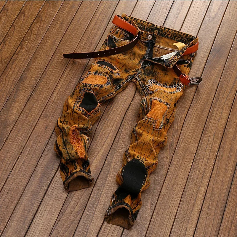 Autumn Mens Orange Ripped Patchwork Jeans No Belt Personalized Fashion Vintage Denim Trousers Motorcycle Streetwear Male 260207