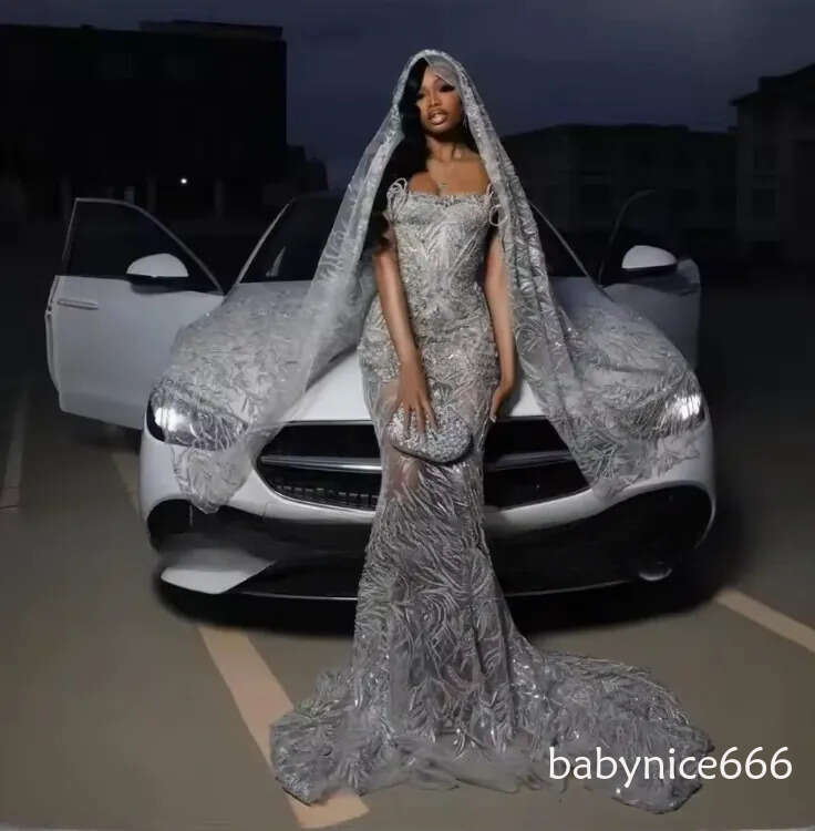 Luxury Silver Grey Mermaid Prom Dresses With Wrap Sequins Beadings Black Girls Gradutaion Party Evening Gowns robe de bal