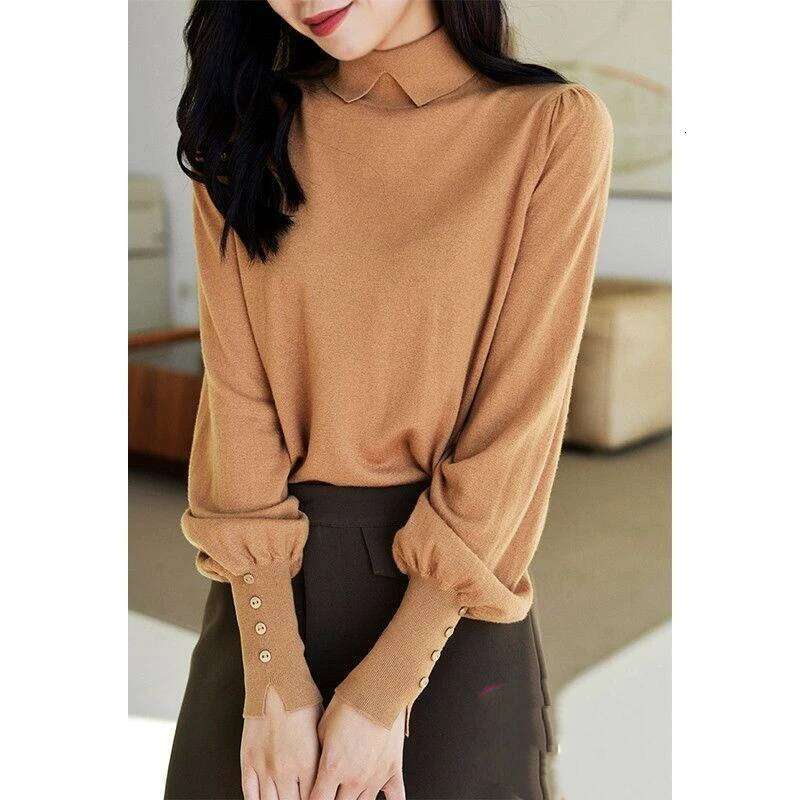 Women Clothing Temperament Polo Neck Knitting Pullovers Top Autumn Winter New Button Long Sleeve Solid Sweaters Elegant Fashion 26W0224