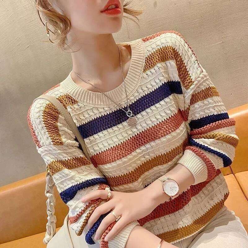 Women Sweater Loose Korean Fashion Knitted Autumn Spring Jumper Striped Hollow Out Streetwear Round Neck Female Clothing 26L0224