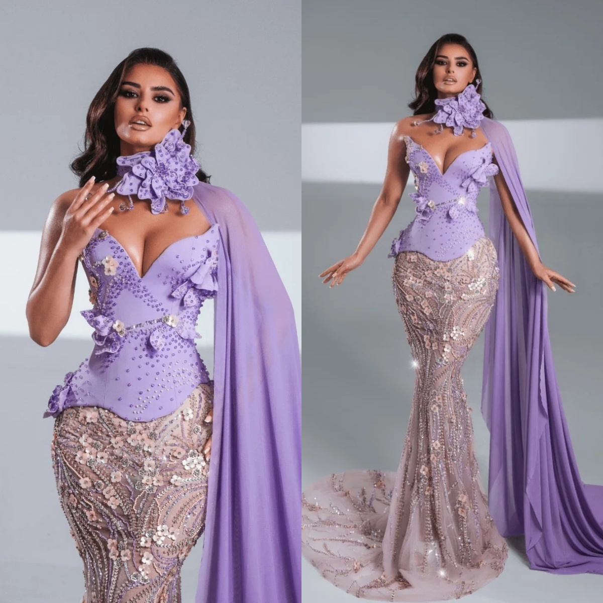 Graceful Sequins Evening Dresses 3D Floral Flowers Prom Dress Strapless Sweep Train Beading Customized Party Gowns Vestidos De Noche Plus Size