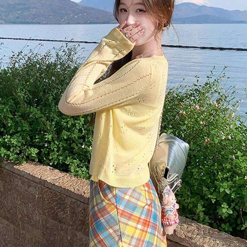 Grey Knitted Cardigan Thin Women Summer Hollow Out Long Sleeve Button Sun Protected Korean Style Short Knitwear Tops Female 26L0224