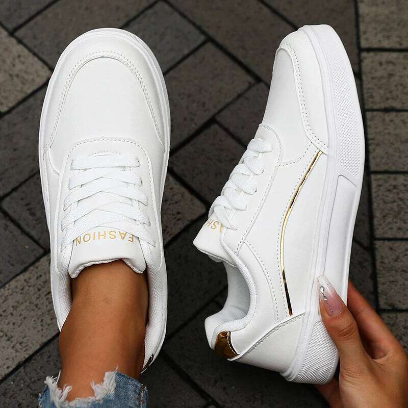 Women's Casual White Sneakers Chic Silver Trim Soft Lining Non Slip New Minimalist Design PU Leathe Skate Shoes for Women