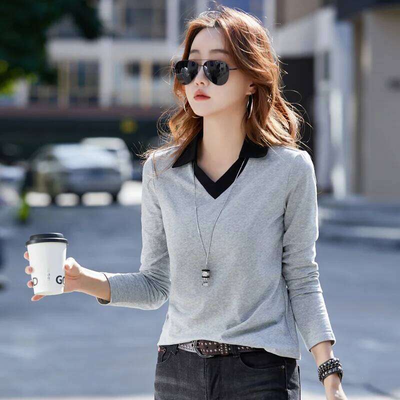 Women's Cotton Long Sleeve Polo Shirt 2026 New Loose Fit Casual Blouse Contrast Color Collar Fashion Autumn Top for Daily Wear 26W0224