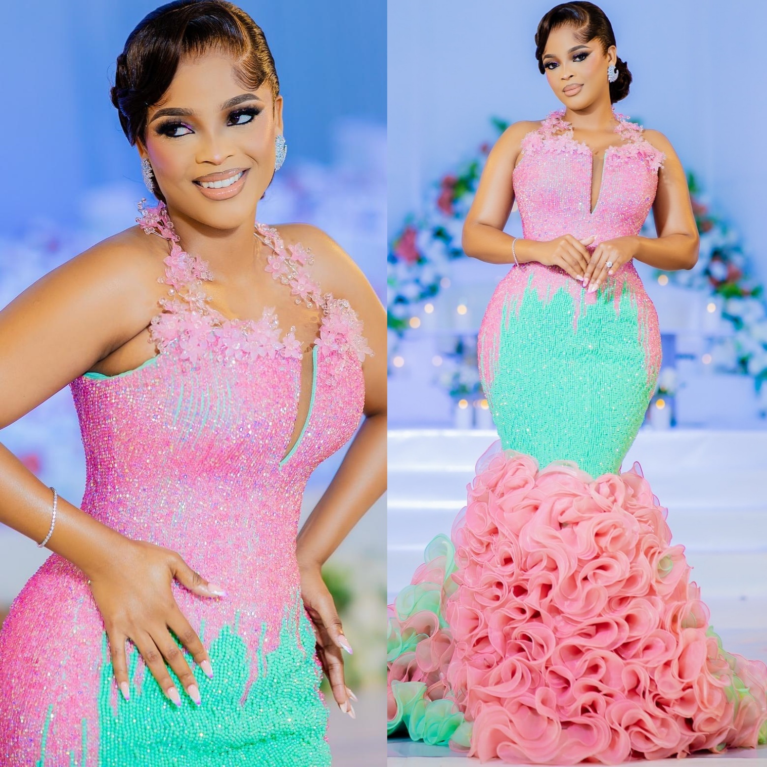 Aso Ebi Pink Mermaid Prom Dresses 2026 Halter Flowers Beaded Tiers Evening Formal Party Second Birthday Engagement Gowns Dress For Special Occasions Z