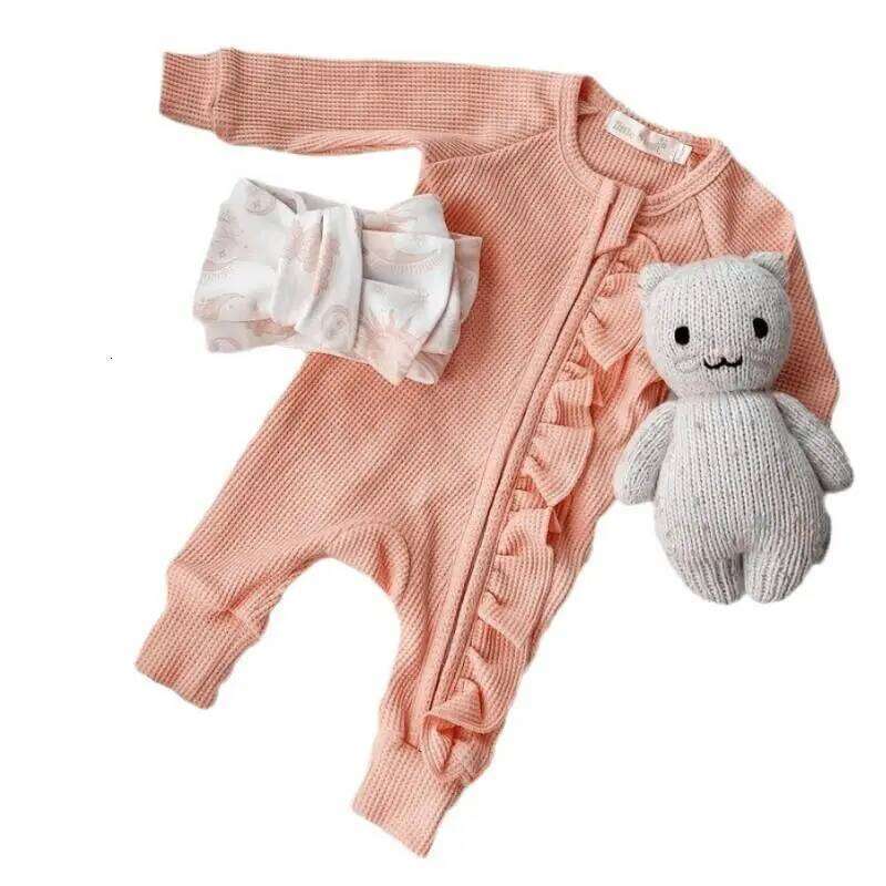 Long Sleeves Knitted Jumpsuit For Infants Girl Comfortable Adorable Autumn Winter Newborn Bodysuit Solid Waffle Romper 26H0224