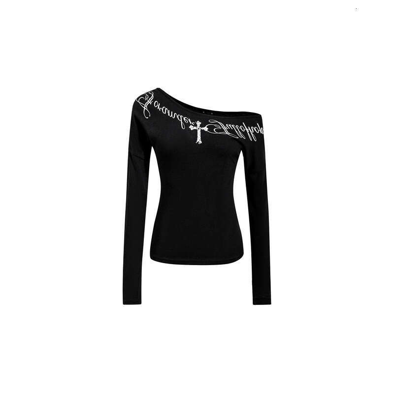 Off-Shoulder Cross Letter Print Long-Sleeve T-Shirt, 2026 Spring-Summer New Dark Gothic Hot Girl Style, Slim-Fit Casual Top