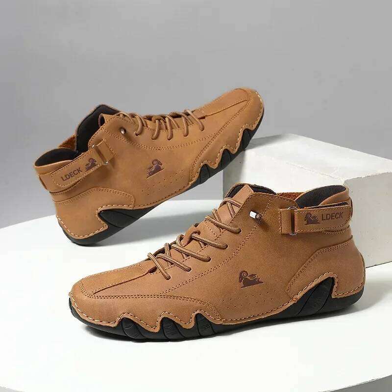 Retro Men's Simple Versatile Waterproof Wear Resistant Soft Soled Walking Shoes Breathable Comfortable Travel Flat Boots