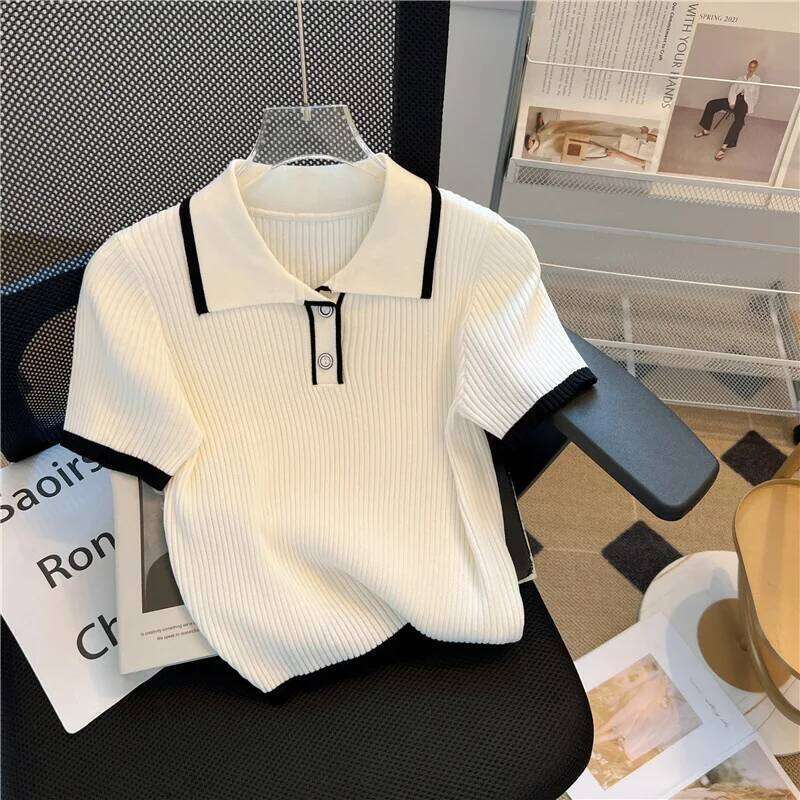 Ice Silk Shirt Summer Women's Knitted Short Sleeve Polo Casual Versatile Women Sweater Tops 2025 Korean Clothing 26W0224