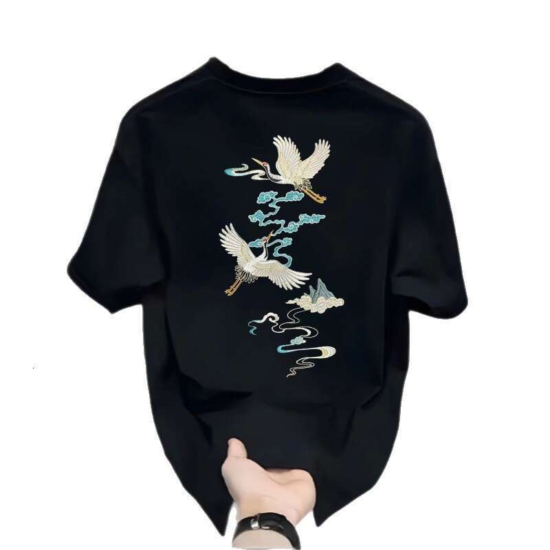 Men's T-shirt Chinese Style Double Crane Cloud Embroidered Loose Fit Exquisite Double Crane And Cloud Print On Back Breathable Comfortable Soft C