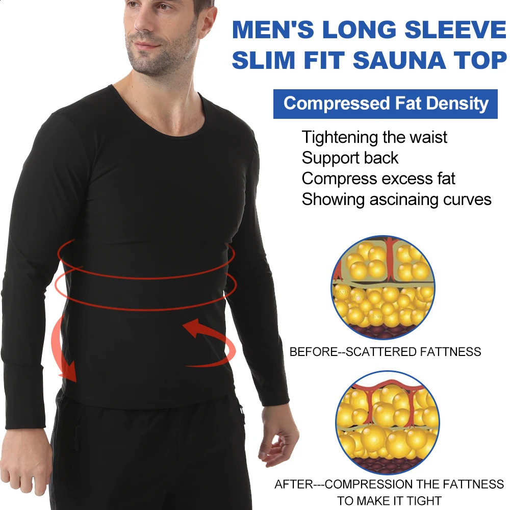 Long Sleeve Mens Sauna Top Gym Exercise Fat Burning T-shirt Round Neck 5 Times Sweat Black S-3XL Stretch Sports Clothes 260129