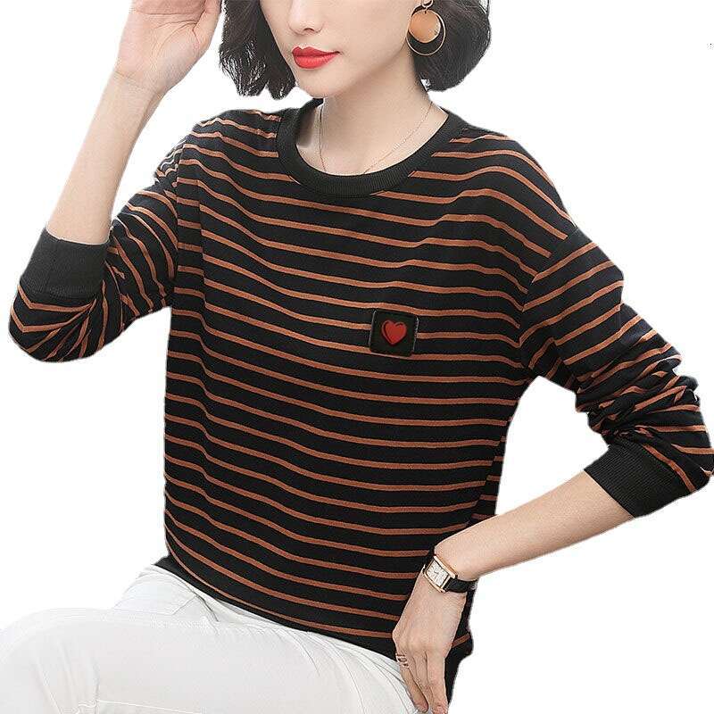 Women's Long-Sleeve T-Shirt 2026 New Style For Middle-Aged Mothers, Plus Size, Loose Fit, Slimming, Horizontal Stripes, Autumn Fashion Top