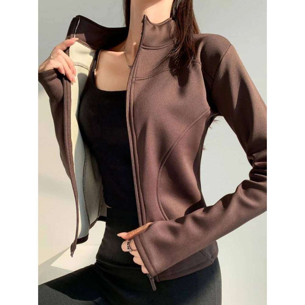 slim fit long sleeves full-zipper fleece warm winter thick coat outer wear women gym fitness yoga tops 26Y0224