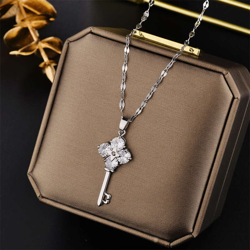 Titanium Steel Key Necklace Ins-Style Micro-Inlaid Elegant Tassel Collarbone Chain Sweater Chain For Women