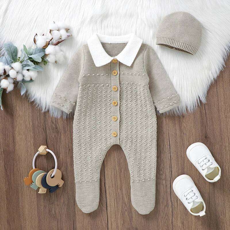 Baby Rompers Set Knit Infant Children Clothes Hat 0-9M Fashion Solid Newborn Girls Jumpsuit Long Sleeve Overalls Pantyhose 2pcs 26Y0224