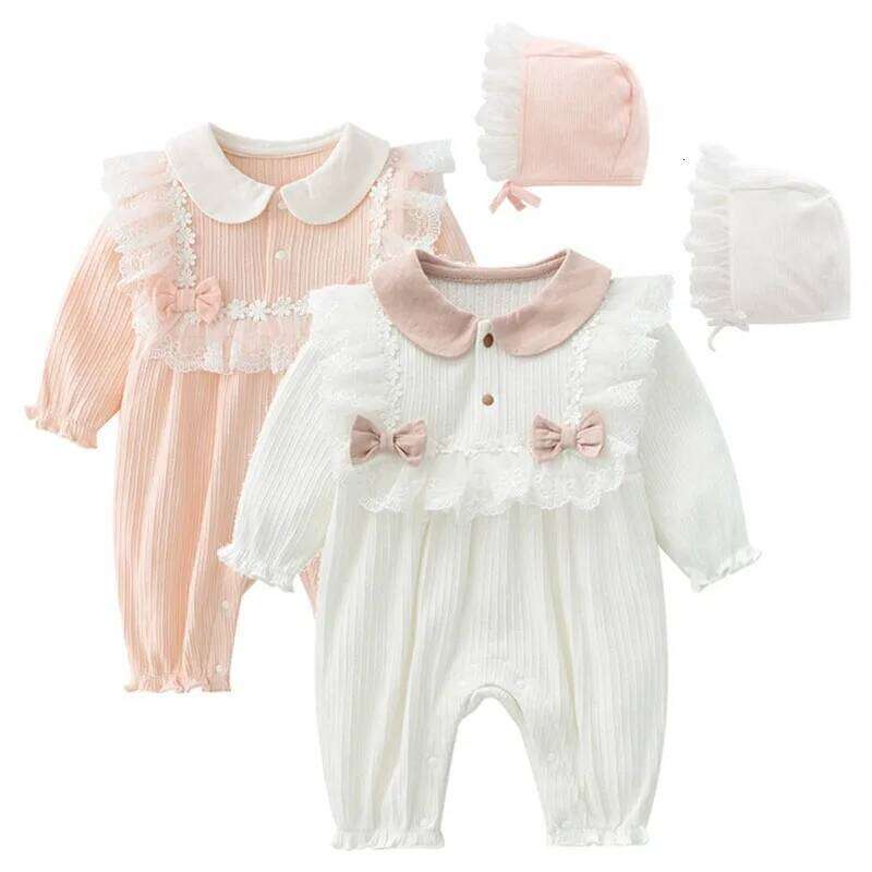 2Piece Sets Spring Autumn Newborn Girls Clothes Korean Cute Lace Bow Princess Peter Pan Collar Jumpsuits+Hat Baby Stuff B174 26H0224