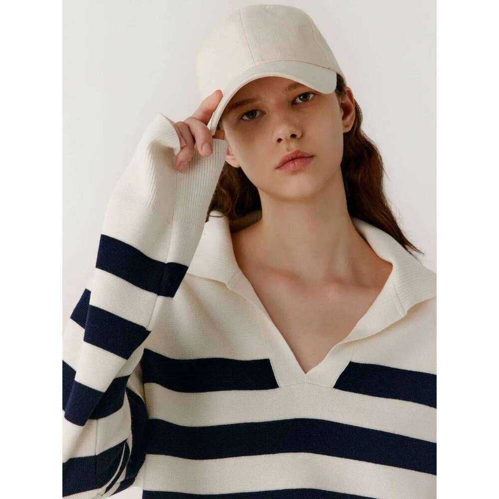 Europe the United States loose navy striped cashmere sweater women's spring autumn POLO collar large size wool base shirt 26W0224