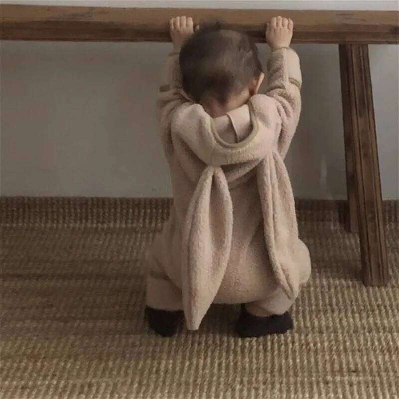 Autumn Winter Girl Baby Fleece Cute Rabbit Ears Cardigan Romper Boy Infant Solid Plus Velvet Warm One-piece Kid Casual Jumpsuit 26H0224