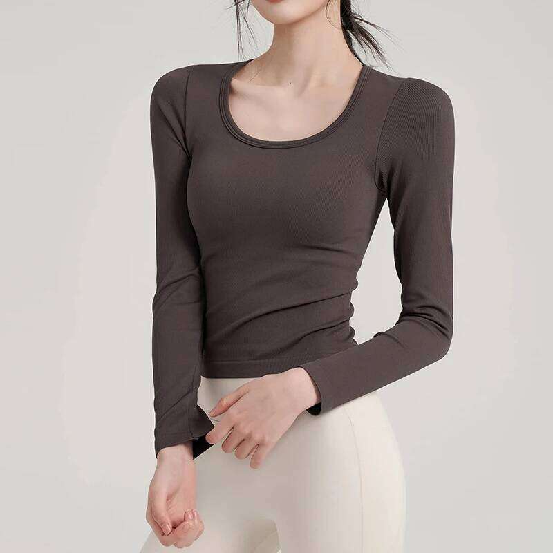 Women's Slimming Long Sleeve Yoga Fitness Top U-Neck High Elastic Integrated Chest Cushion Autumn New Style 26Y0224