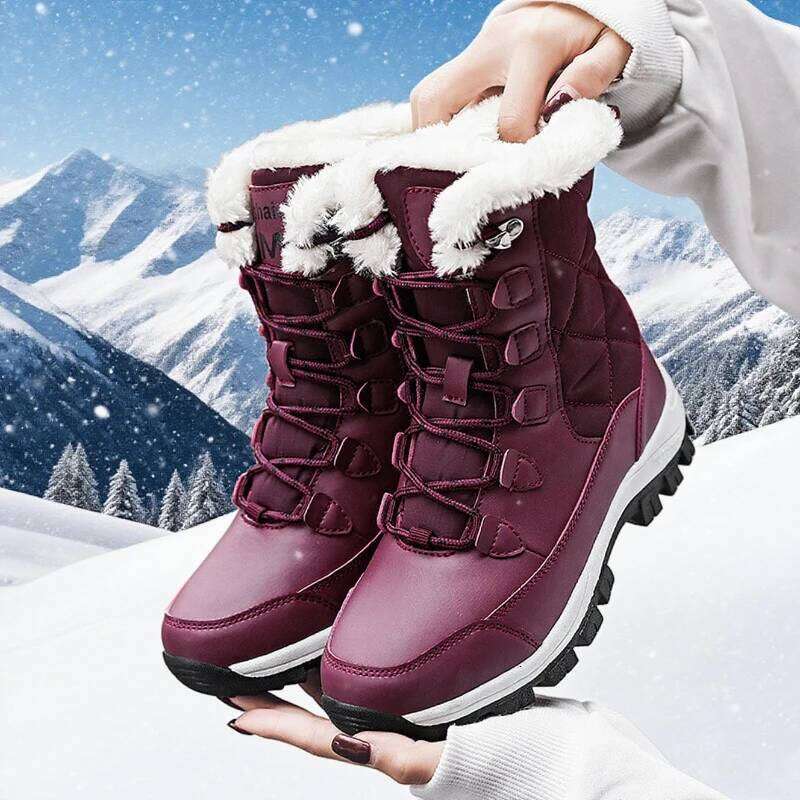 Warm Elegant Thick Cotton Fleece Anti Slip Outdoor Hiking Shoes Comfortable Platform High Top Women's Bare Boots