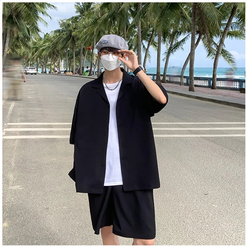 Summer TwoPiece Mens Sets Shirt and Shorts Casual Outfits Oversized Short Suit Plain Clothes Clean Fit Black White Green 260209