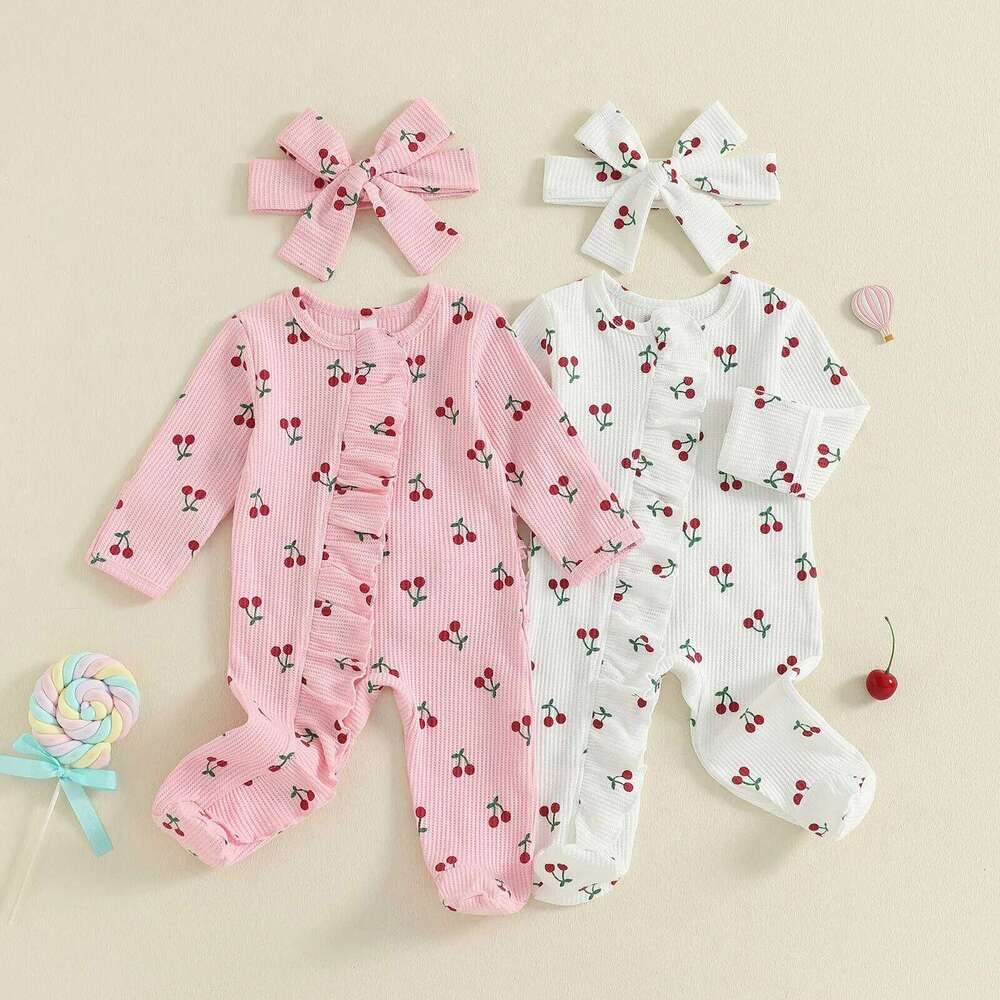Newborn Baby Girl Fall Romper Cherry Print Long Sleeve Zip Up Round Neck Ruffled Footed Jumpsuit with Headband 26H0224