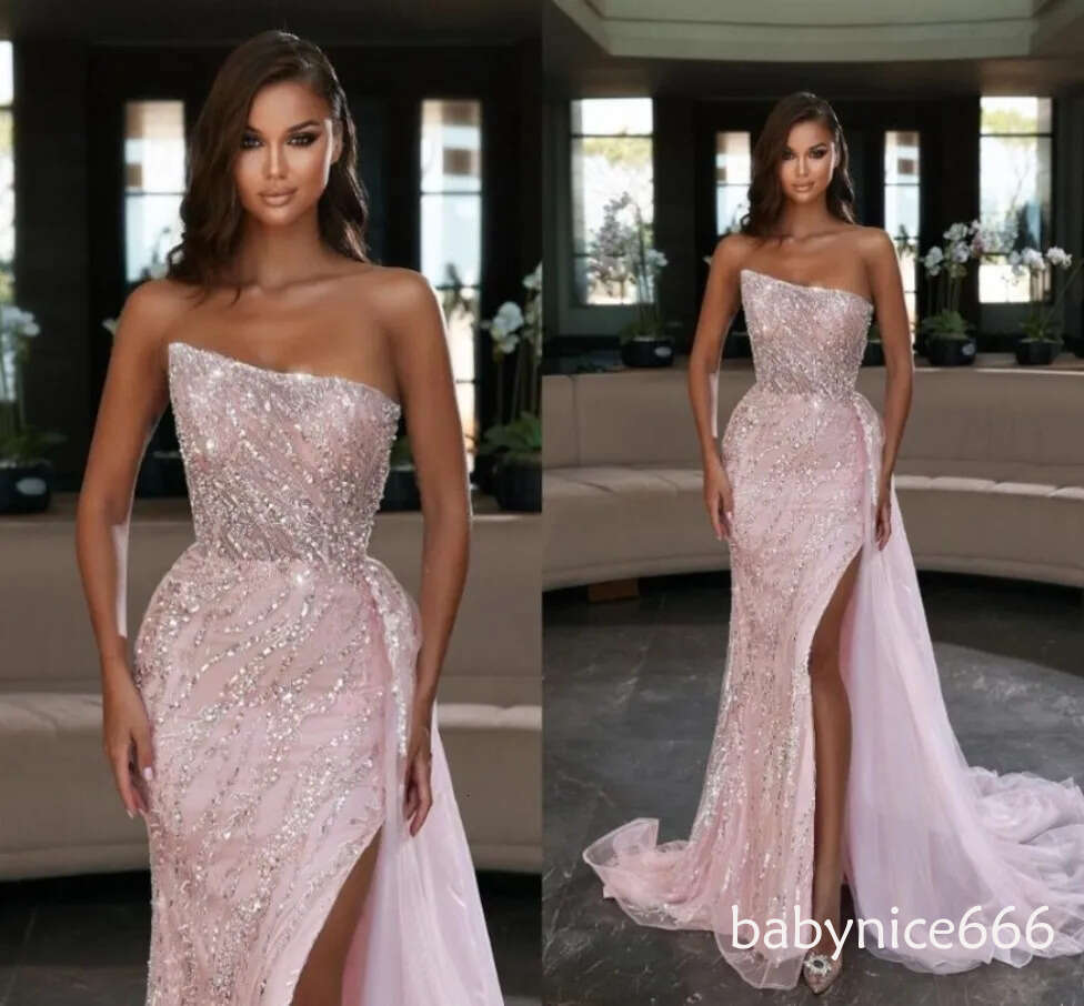 Stunning Stylish Pink High Split Evening Dresses Arabic Dubai Sexy Backless Strapless Long Sequined Beads Vestidos Formal Occasion Prom Party Gowns BC