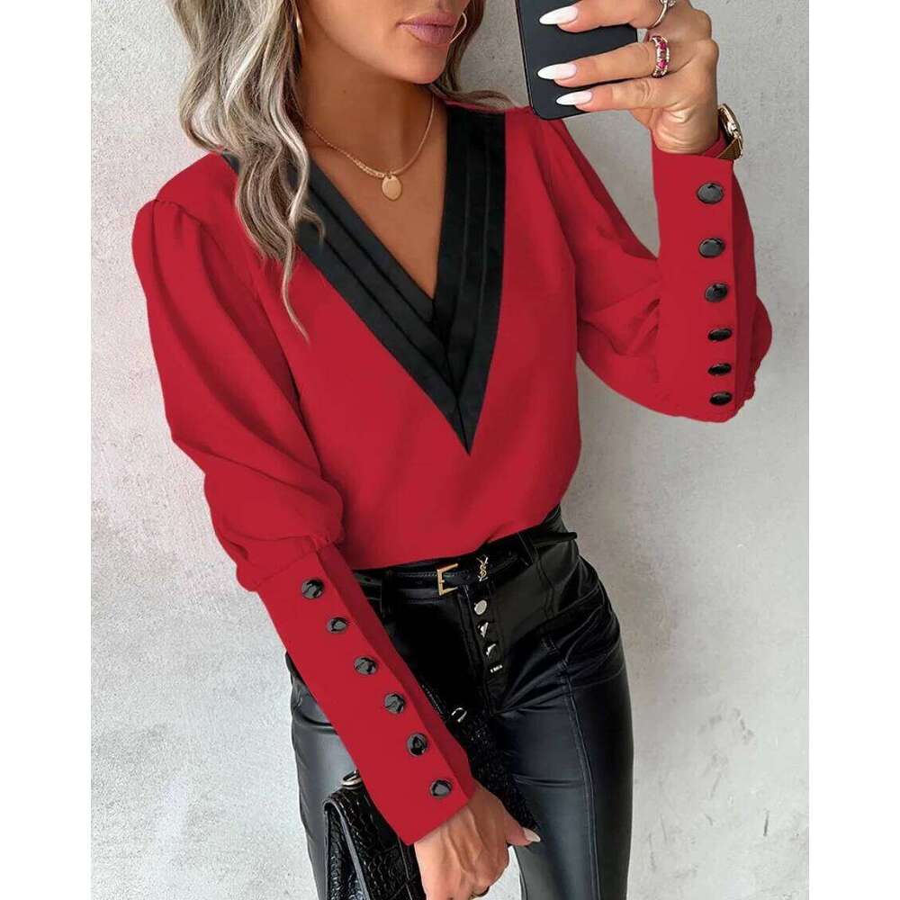Office Ladies V-neck Button Shirt Blouse Spring Autumn Fashion Color Matching Long Sleeve Shirts For Women 2024 White Tops Femme 26W0224