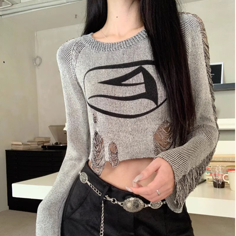 2024 Womens Sweet and Cool American Style Ripped Knit Sweater Early Autumn Short Cropped Pullover Top230729
